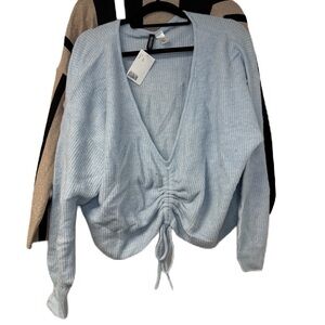 Blue V-Neck Cardigan Sweater & Sparkly Striped Gold Black Bundle